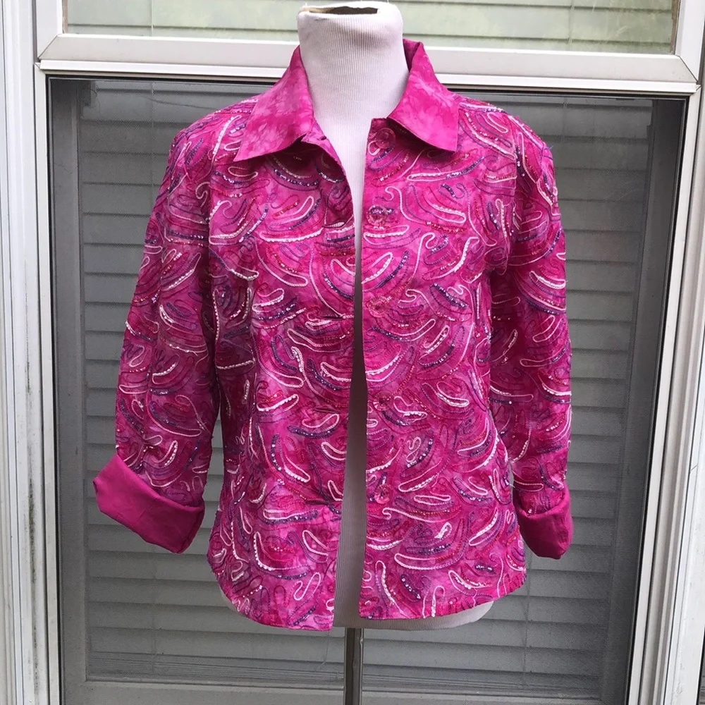 Anage Pink 100% Silk Embroidered Jacket size Small Pink Power BC Awareness